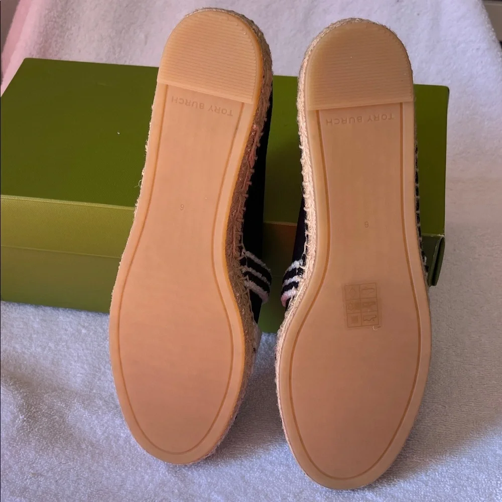 Tory Burch Black and Natural Stripe Espadrille Slip-Ons